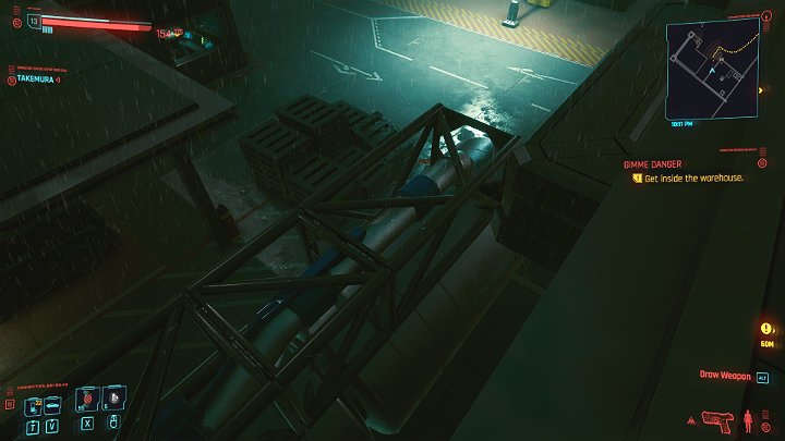 Pass the wooden pallets, jump on the blue barrels, and from them on the metal pipes to get to the roof - Cyberpunk 2077: Gimme Danger walkthrough - Act 2 - Cyberpunk 2077 Guide