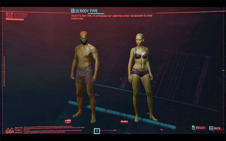 1) The body type selected at the very beginning of the character creator (picture above) - Cyberpunk 2077: Romances - guide, tips - Romances - Cyberpunk 2077 Guide