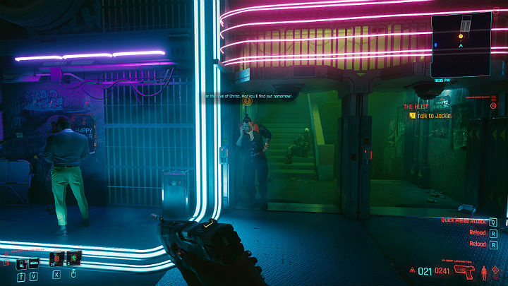 Once you're there, go talk to Jackie, who is waiting for V before going down to the club - Cyberpunk 2077: The Heist walkthrough - Act 1 - Cyberpunk 2077 Guide