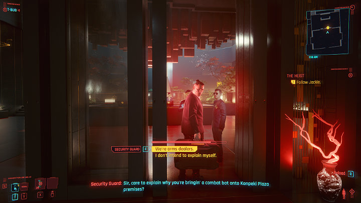 Wait for Jackie to take out the suitcase with Flathead and then go with him to the hotel - Cyberpunk 2077: The Heist walkthrough - Act 1 - Cyberpunk 2077 Guide