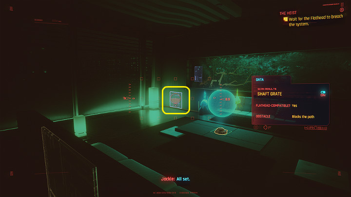 Turn on the scanner and find the entrance to the shaft to let Flathead in - Cyberpunk 2077: The Heist walkthrough - Act 1 - Cyberpunk 2077 Guide