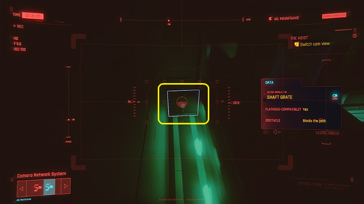 Once you have switched to the view from the netrunner room, scan the ventilation shaft, which is located on the left, in the corner of the room, and then switch to the view from the second camera (security room) - Cyberpunk 2077: The Heist walkthrough - Act 1 - Cyberpunk 2077 Guide