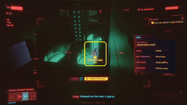 All that remains is to connect Flathead to netrunner's chair and upload T-Bug's daemon (virus) to neutralize it - Cyberpunk 2077: The Heist walkthrough - Act 1 - Cyberpunk 2077 Guide
