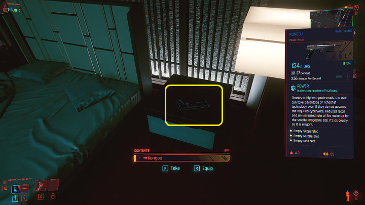 Before you go open the safe, remember to take the gun that Yorinobu Arasaka put on the cupboard on the other side of the bed - Cyberpunk 2077: The Heist walkthrough - Act 1 - Cyberpunk 2077 Guide