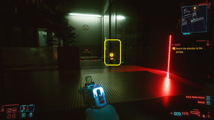When the guards patrolling the area by the elevator start to go left, this is your chance to get to the elevator without fighting - Cyberpunk 2077: The Heist walkthrough - Act 1 - Cyberpunk 2077 Guide