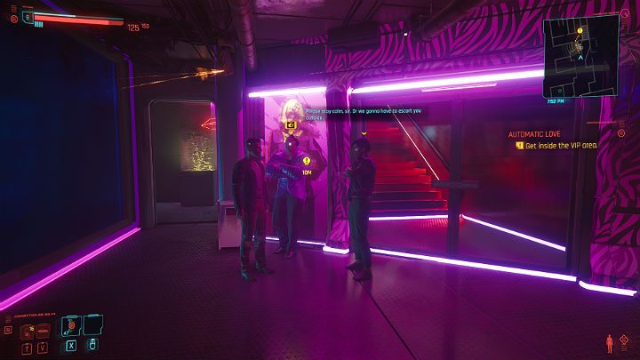 In front of the door to the VIP area, you will see a scene where one of the clients is sent away by two security guards - Cyberpunk 2077: Automatic Love - a walkthrough - Act 2 - Cyberpunk 2077 Guide