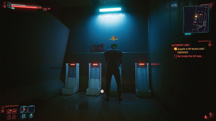 Follow one of the bodyguards to the bathroom and wait until the man starts using the urinal - Cyberpunk 2077: Automatic Love - a walkthrough - Act 2 - Cyberpunk 2077 Guide