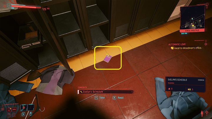 In the room opposite the control room, you will find a locker-room, and in there belongings of Evelyn and weapons - Cyberpunk 2077: Automatic Love - a walkthrough - Act 2 - Cyberpunk 2077 Guide