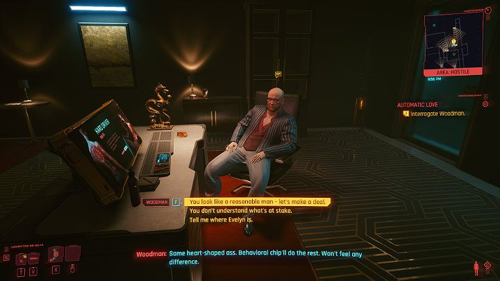 If your character has a high Intelligence attribute, if you have previously examined booth number 11 and/or read the messages from the computer in the control room, you can make an agreement with the club boss - Cyberpunk 2077: Automatic Love - a walkthrough - Act 2 - Cyberpunk 2077 Guide