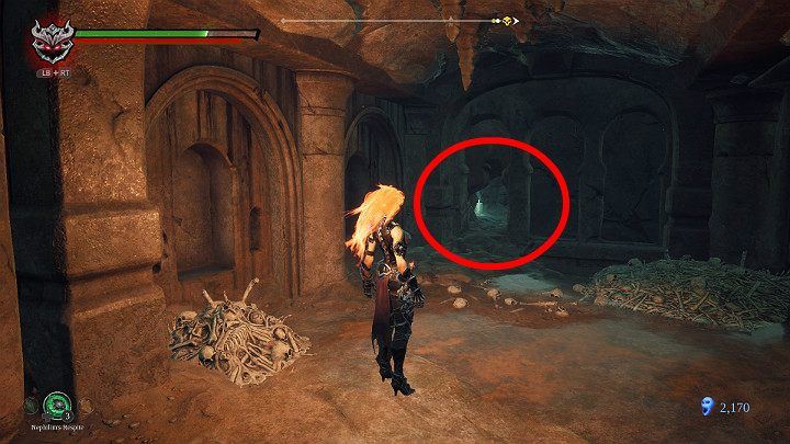 When you enter the crypt and eliminate your opponent, you will see a small passage in the lower left corner of the wall - Hollows | Darksiders 3 Walkthrough - Walkthrough - Darksiders 3 Guide