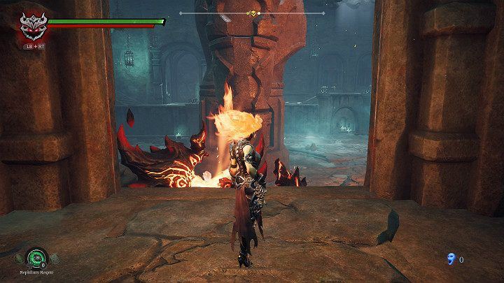 The easiest way to kill this guard is to lure him to the stairs - Hollows - Catacombs | Darksiders 3 Walkthrough - Walkthrough - Darksiders 3 Guide