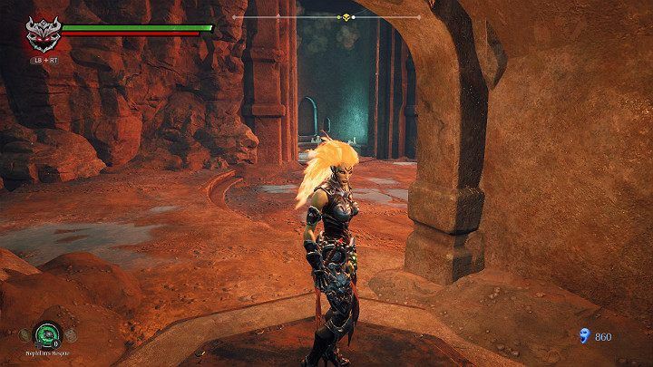When you stand on the button, the wall opposite will start to rotate and open the passage - Hollows - Catacombs | Darksiders 3 Walkthrough - Walkthrough - Darksiders 3 Guide