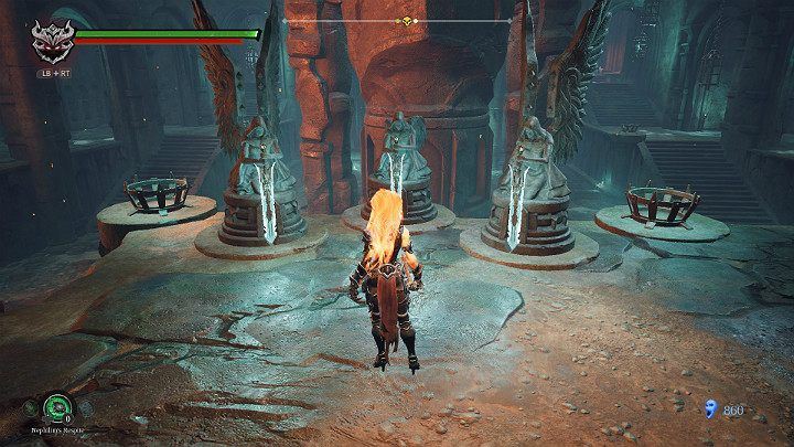 When all three swords are in their place you have to hit them both at the same time to solve the puzzle - Hollows - Catacombs | Darksiders 3 Walkthrough - Walkthrough - Darksiders 3 Guide