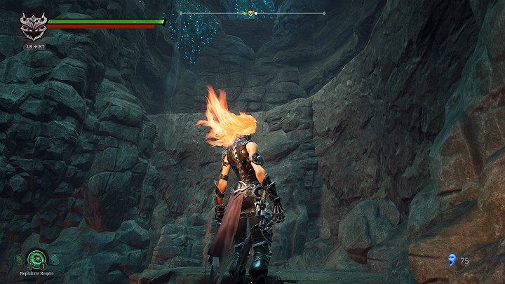 After the fight, look upwards and jump on the rock shelf with a double jump - Hollows - Catacombs | Darksiders 3 Walkthrough - Walkthrough - Darksiders 3 Guide