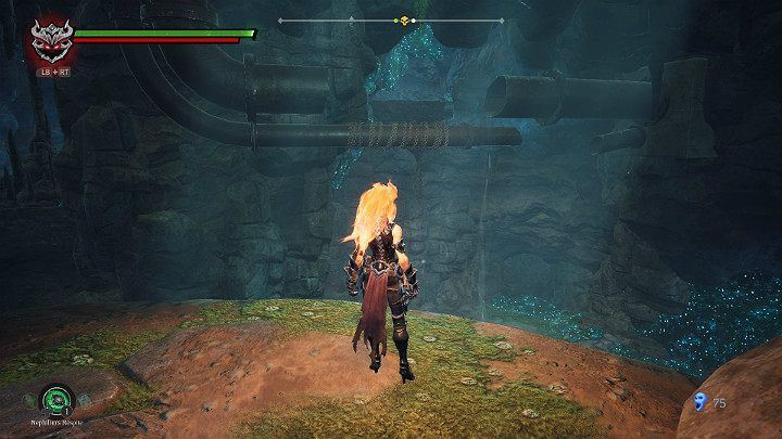 Turn back and use the pipe to jump to the other side of the cavern - Hollows - Catacombs | Darksiders 3 Walkthrough - Walkthrough - Darksiders 3 Guide