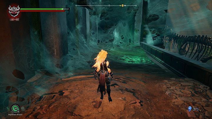 Climb up the stairs to the top and use fire to burn the spider web - Hollows - Catacombs | Darksiders 3 Walkthrough - Walkthrough - Darksiders 3 Guide