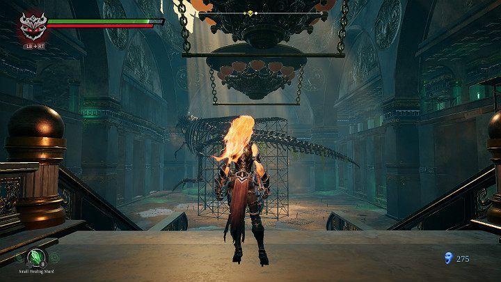 Stand in front of the first chandelier, then break out into the air and with your weapon jump to the second chandelier and then to the scaffolding - Hollows - Catacombs | Darksiders 3 Walkthrough - Walkthrough - Darksiders 3 Guide