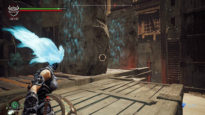 Approach the conveyor belt and freeze it as soon as the boulders are more or less in the position as shown in the picture above - The Lowlands | Darksiders 3 Walkthrough - Walkthrough - Darksiders 3 Guide