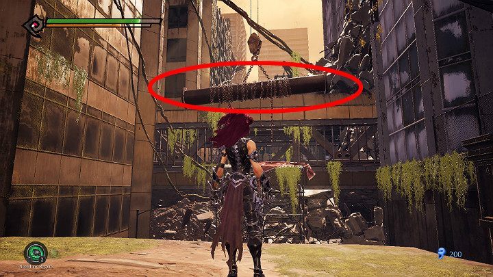 After defeating the first few enemies, you will have to climb the rock shelf, then jump out and use the attack button to catch the pipe shown in the picture and jump into the tunnel - West End | Darksiders 3 Walkthrough - Walkthrough - Darksiders 3 Guide
