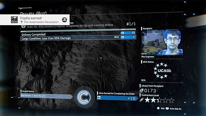 The description of each order for the bot has information on how long it will take the bot to deliver the cargo - usually, it is several tens of minutes - Death Stranding - List of trophies - Trophy Guide - Death Stranding Guide