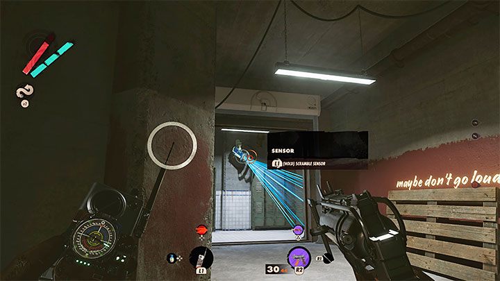 After entering the bunker select the left passageway, prepared to use the Hackamajig to neutralise a sensor (a camera) - Deathloop: Afternoon Delight - walkthrough - Visionary Leads - Deathloop Guide