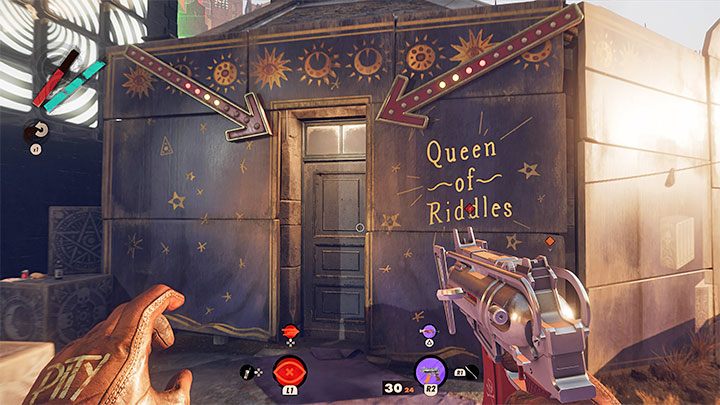 While exploring the Karl's Bay district, you might come across the building pictured in the screenshot with the Queen of Riddles inscription - Deathloop: Yerhva - how to pass the quiz? - FAQ - Deathloop Guide