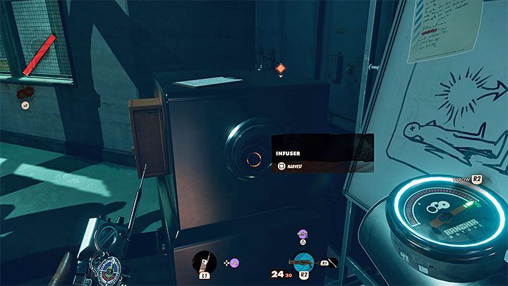 With the device is filled, you have to reach a infusor in the laboratory - Deathloop: Ubiquity - walkthrough - The clues of the arsenal - Deathloop Guide