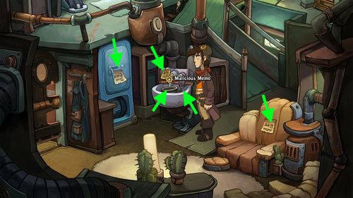 Take another three notes (Malicious Memo, Bitching-Post-it, and Nagging Note) on the Sink, Fridge Door and Sofa, accordingly - Pack the suitcase | Part 1 - Kuvaq - Part 1 - Kuvaq - Deponia Game Guide & Walkthrough