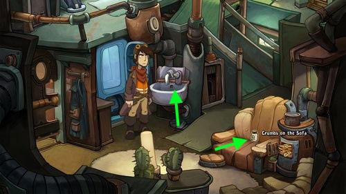 Take a look at sofa - there are some food leftovers but you need some container to collect them - Pack the suitcase | Part 1 - Kuvaq - Part 1 - Kuvaq - Deponia Game Guide & Walkthrough