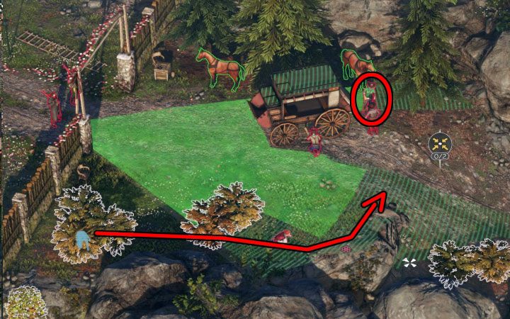 Get rid of two guards next to the bushes (while playing as Cooper) - one of them is standing, the other one is sitting in a chair - Desperados 3: Escape from the estate - mission 4, walkthrough - Mission 4 - Until Death Do Us Part - Desperados 3 Guide