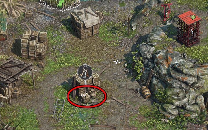 The key for Kates and Hectors cage lying on one of the boxes near Kate (M9,15) - Desperados 3: Rescue Kate and Hector - misison 9, walkthrough - Mission 9 - Louisiana Voodoo - Desperados 3 Guide
