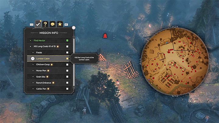 The task of killing all Long Coats is given just after you reach the cabin by the water (M5,2) and release Sanchez who is being imprisoned in the cabin - Desperados 3: Mission 5 - map, badges - Mission 5 - The Magnificent Five - Desperados 3 Guide