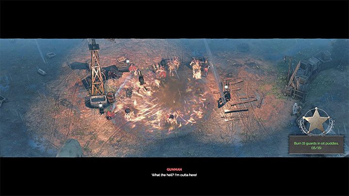 This challenge forces you to guard yourself throughout the entire mission and set fire to as many enemies as possible by throwing torches into the puddles of tar oil - Desperados 3: Mission 5 - map, badges - Mission 5 - The Magnificent Five - Desperados 3 Guide