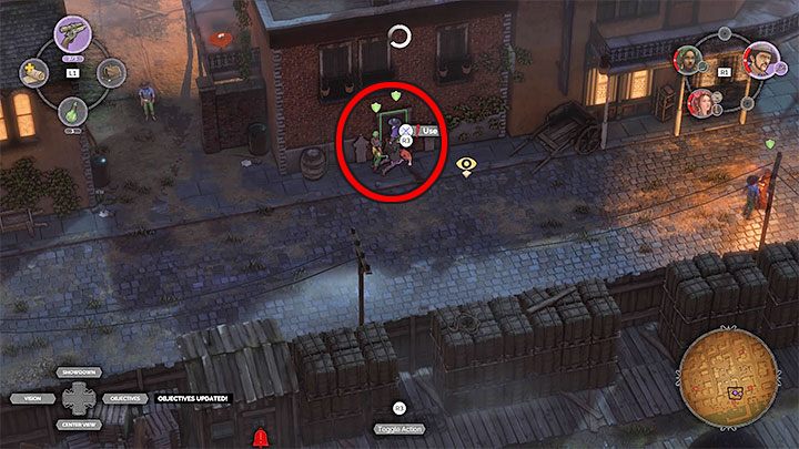 The transition to the back alleys and a new part of the map is located near Pier 9 associated with the previous main objective of the mission (M10,8) - Desperados 3: Reach the office in the warehouse zone - mission 10, walkthrough - Mission 10 - Back Alley Jazz - Desperados 3 - game guide