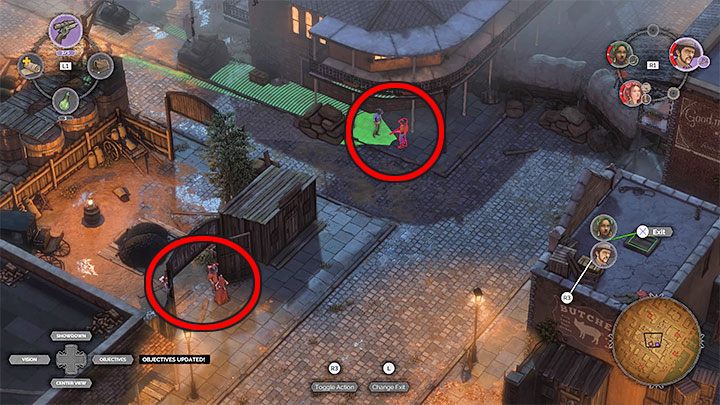 After approaching the second alley (M10,10), you must first eliminate or temporarily exclude opponents looking towards the place you came from - they are marked in the image above - Desperados 3: Reach the office in the warehouse zone - mission 10, walkthrough - Mission 10 - Back Alley Jazz - Desperados 3 - game guide