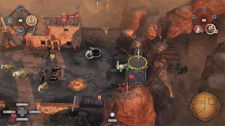 The cattle is found on the farm (M14,5) - to scare the animals, you need to set a straw roof on fire - Desperados 3: Mission 14 - map, badges - Mission 14 - The Wages of Pain - Desperados 3 Guide