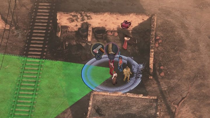 Head towards where a woman stands with a costume fit for Kate (M14,3) - Desperados 3: Get a disguise for Kate - mission 14, walkthrough - Mission 14 - The Wages of Pain - Desperados 3 Guide