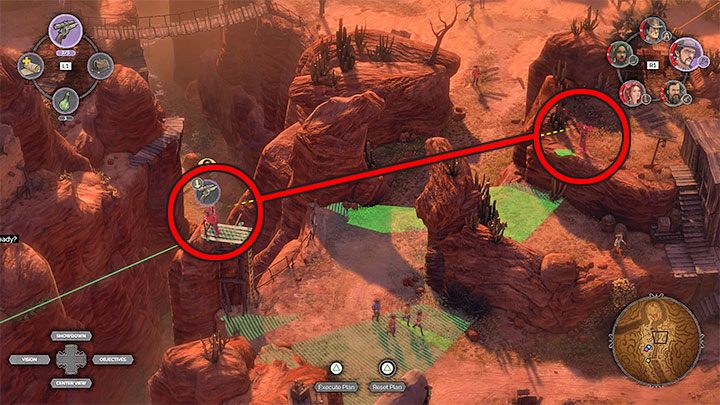 Before you go further, take a look at the sniper shown in the picture (M16,8) - Desperados 3: Reach the cemetery gate - mission 16, walkthrough - Mission 16 - The Old and The New - Desperados 3 - game guide
