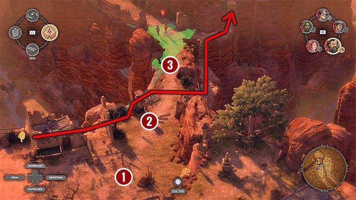 Going through the left part of the map will lead you to the left path leading to the cemetery (M16,17) - Desperados 3: Reach the cemetery gate - mission 16, walkthrough - Mission 16 - The Old and The New - Desperados 3 - game guide