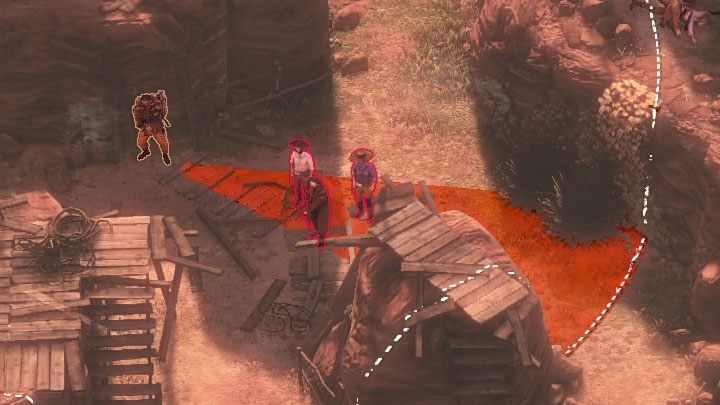 Crossing the right side of the canyon begins by having to cross a small ravine (M16,13) - Desperados 3: Reach the cemetery gate - mission 16, walkthrough - Mission 16 - The Old and The New - Desperados 3 - game guide