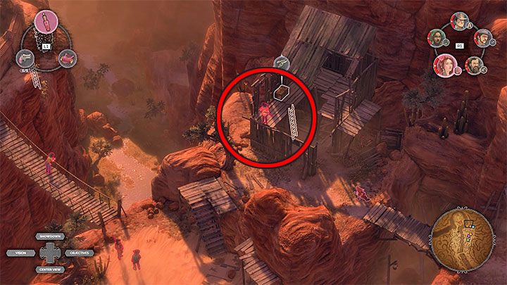 During the crossing, pay attention to the sniper position marked in the picture (M16,16) - Desperados 3: Reach the cemetery gate - mission 16, walkthrough - Mission 16 - The Old and The New - Desperados 3 - game guide