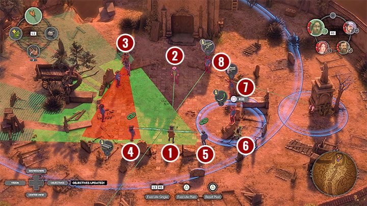 The image above shows an example of the correct placement of the team members with an action plan for each of them - Desperados 3: Kill Frank and his men; final boss - mission 16, walkthrough - Mission 16 - The Old and The New - Desperados 3 Guide