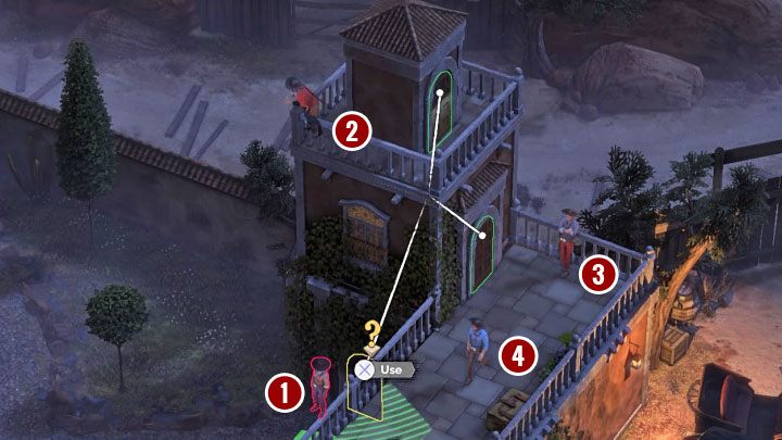 The fireworks box is located by the bridge in the front garden of the Hacienda (M15,8) - Desperados 3: Distract guests with fireworks - mission 15, walkthrough - Mission 15 - A Captain of Industry - Desperados 3 - game guide