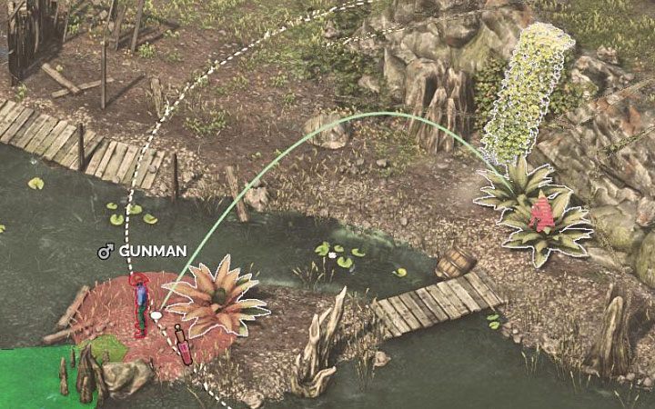 Kate can throw perfume vials over fairly long distances - the game allows you to plan perfumes landing spot, and a red circle on the ground will indicate characters who may be within reach of this skill - Kate OHara skills | Desperados 3 - Characters and their skills - Desperados 3 - game guide