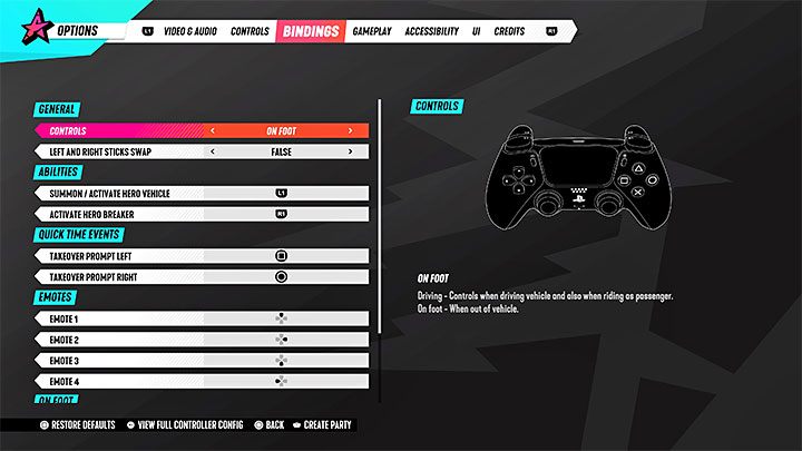 In the Bindings tab, you can view all controls and change the button assignments of the DualSense pad - Destruction AllStars: Controls guide - Annex - Destruction AllStars Guide