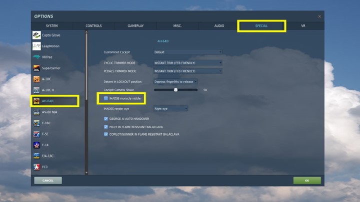 The monocle options can be found in the Settings and the SPECIAL tab for the AH-64D - DCS AH-64D Apache: Pilot/CPG Cockpits and Controls - Basics - DCS AH-64 Apache Guide