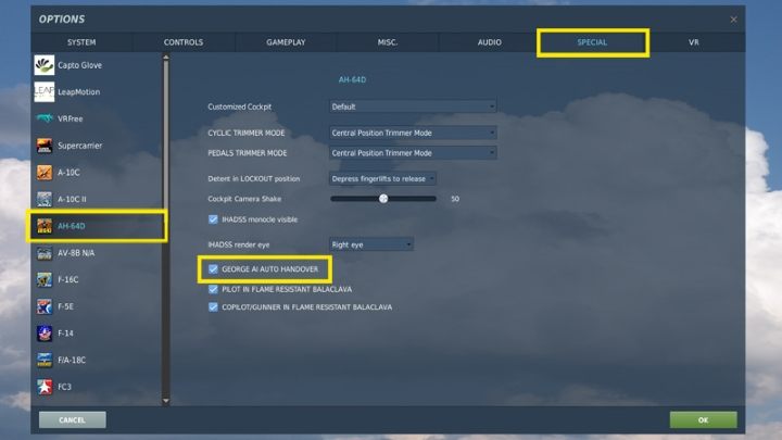 Make sure that the "GEORGE AI AUTO HANDOVER" option is selected in the settings and special options menu for the AH-64D - DCS AH-64D Apache: George AI Helper - how to use AI crew member? - Basics - DCS AH-64 Apache Guide