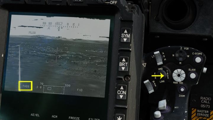 Wählen Sie TADS als aktives Visier aus, indem Sie den Visierauswahlschalter rechts drücken – TADS – DCS AH-64D Apache: Visierquelle und Erfassungsquelle – Systeme und Sensoren – DCS AH-64 Apache Guide