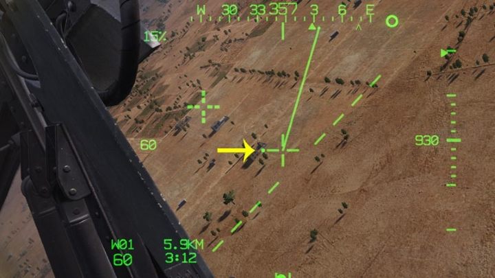 Wenn sich das erfasste LOS-Absehen außerhalb des IHADSS-Sichtfelds befindet, wird die Richtung dorthin durch die kleinen Punkte auf dem LOS-Absehen angezeigt, den sogenannten Cueing Dots – DCS AH-64D Apache: Sichtquelle und Erfassungsquelle – Systeme und Sensoren - DCS AH-64 Apache Guide