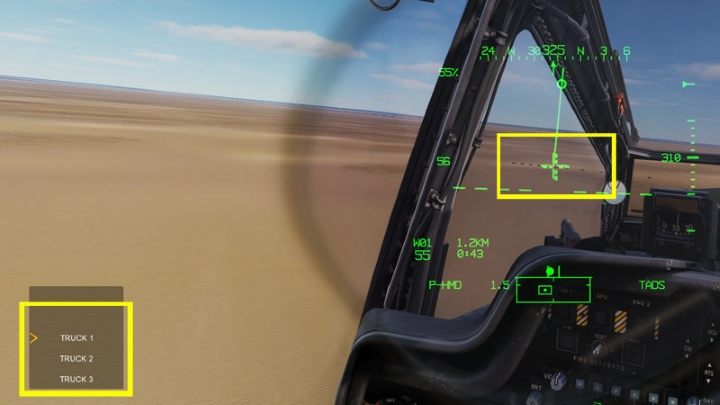 Point the LOS Reticle cross at the target area and press - George Interface UP SHORT to have the CPG search for available targets - DCS AH-64D Apache: M230 30mm Chain Gun AWS - Weapons Employment - DCS AH-64 Apache Guide